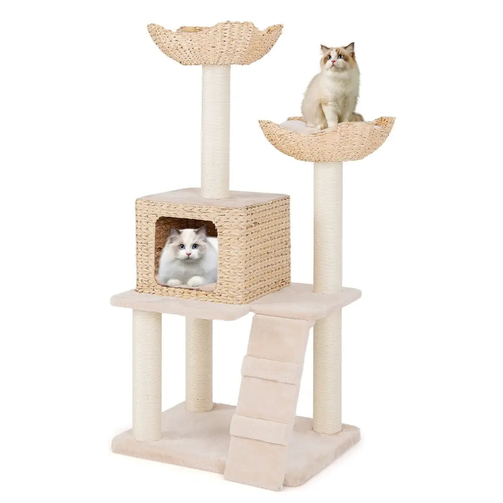 48 Inch Cattail Cat Tower with Sisal Scratching Posts Perch and Condo-Beige - Beige - Cat Trees Condos & Scratchers