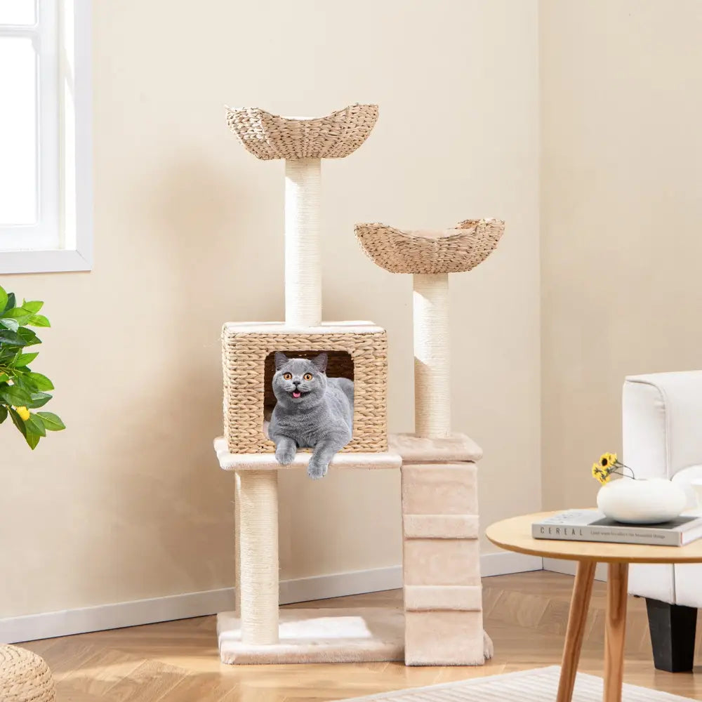 48 Inch Cattail Cat Tower with Sisal Scratching Posts Perch and Condo-Beige - Beige - Cat Trees Condos & Scratchers