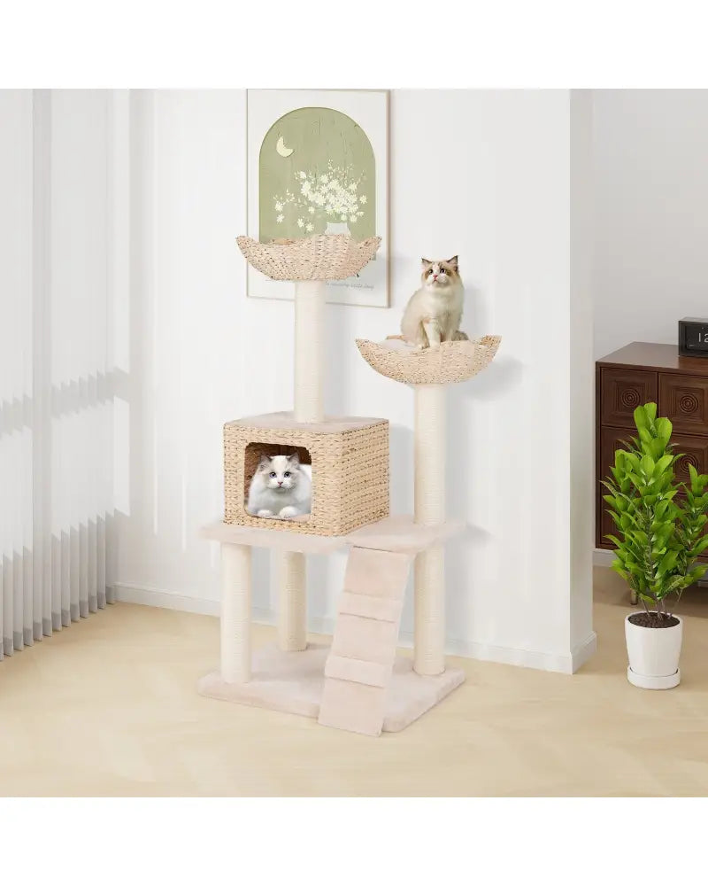 48 Inch Cattail Cat Tower with Sisal Scratching Posts Perch and Condo-Beige - Beige - Cat Trees Condos & Scratchers