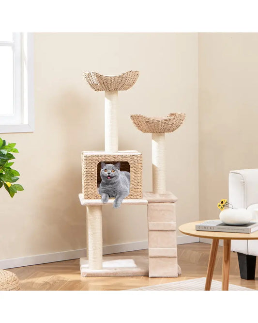 48 Inch Cattail Cat Tower with Sisal Scratching Posts Perch and Condo-Beige - Beige - Cat Trees Condos & Scratchers