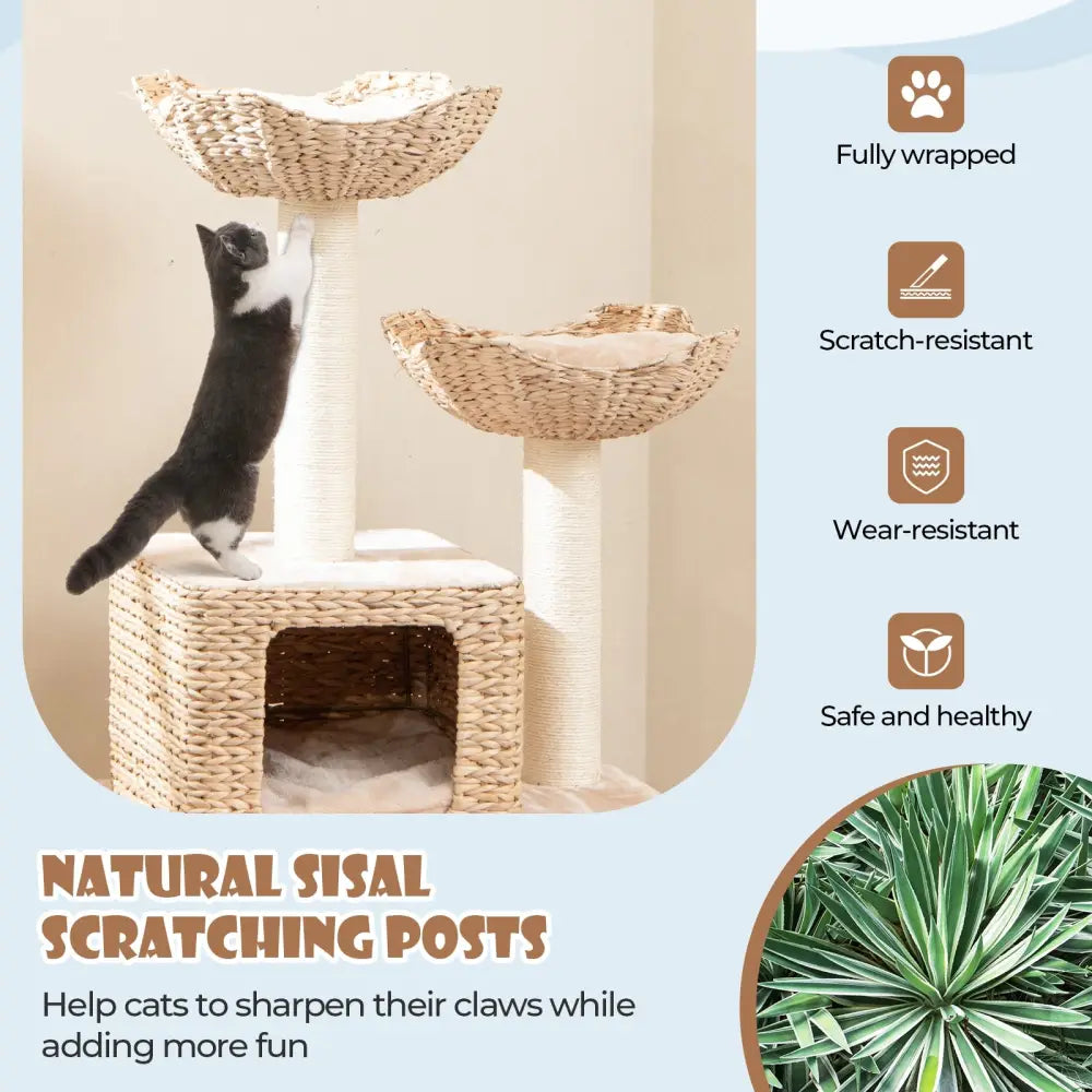 48 Inch Cattail Cat Tower with Sisal Scratching Posts Perch and Condo-Beige - Beige - Cat Trees Condos & Scratchers