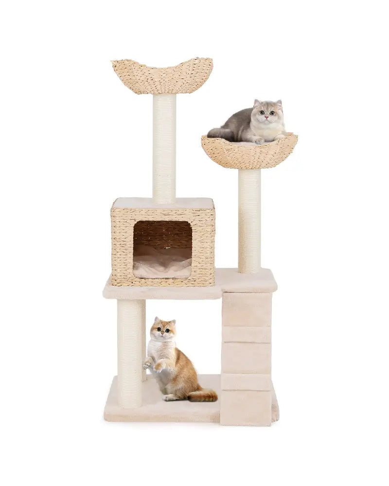 48 Inch Cattail Cat Tower with Sisal Scratching Posts Perch and Condo-Beige - Beige - Cat Trees Condos & Scratchers