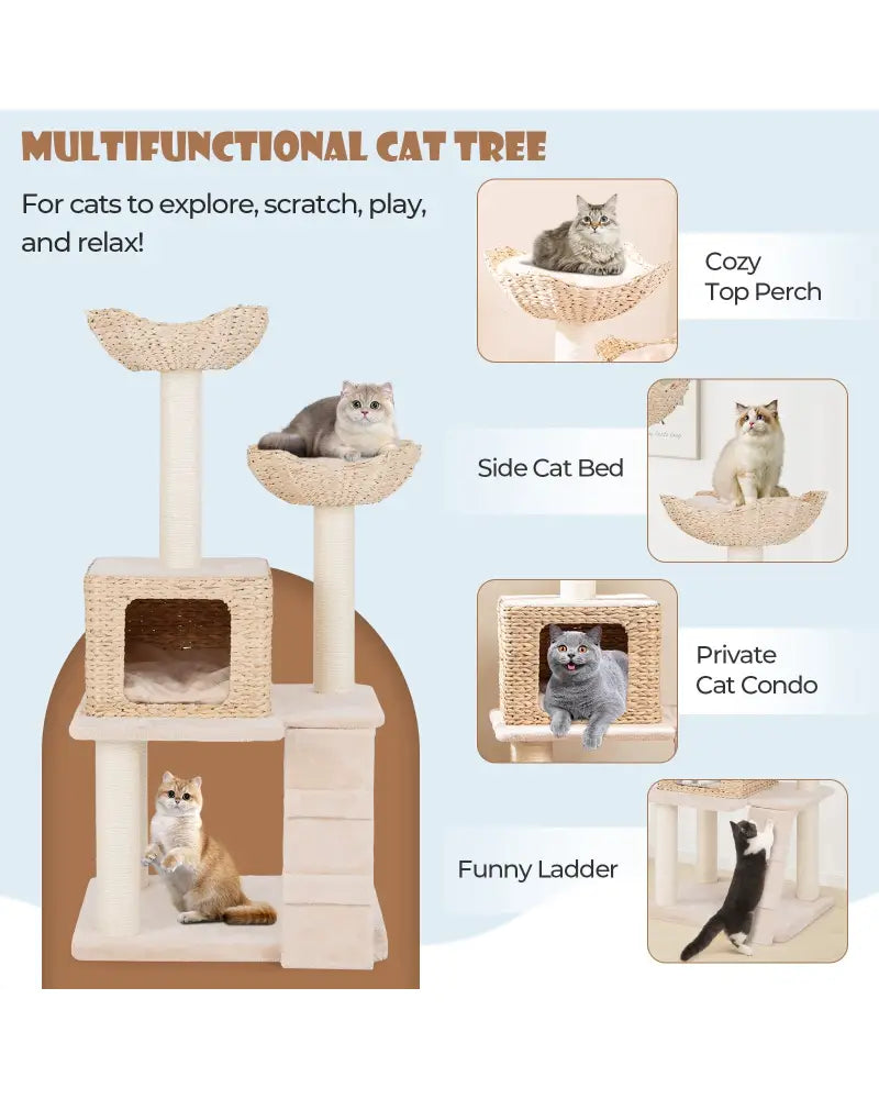 48 Inch Cattail Cat Tower with Sisal Scratching Posts Perch and Condo-Beige - Beige - Cat Trees Condos & Scratchers