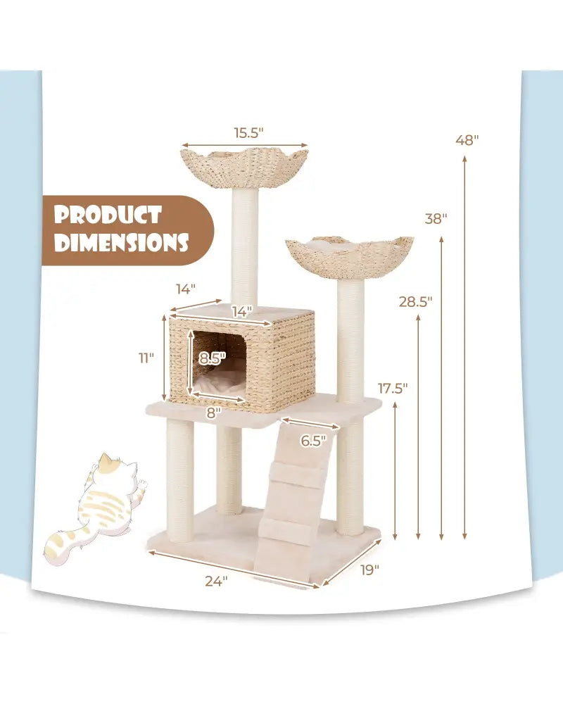48 Inch Cattail Cat Tower with Sisal Scratching Posts Perch and Condo-Beige - Beige - Cat Trees Condos & Scratchers