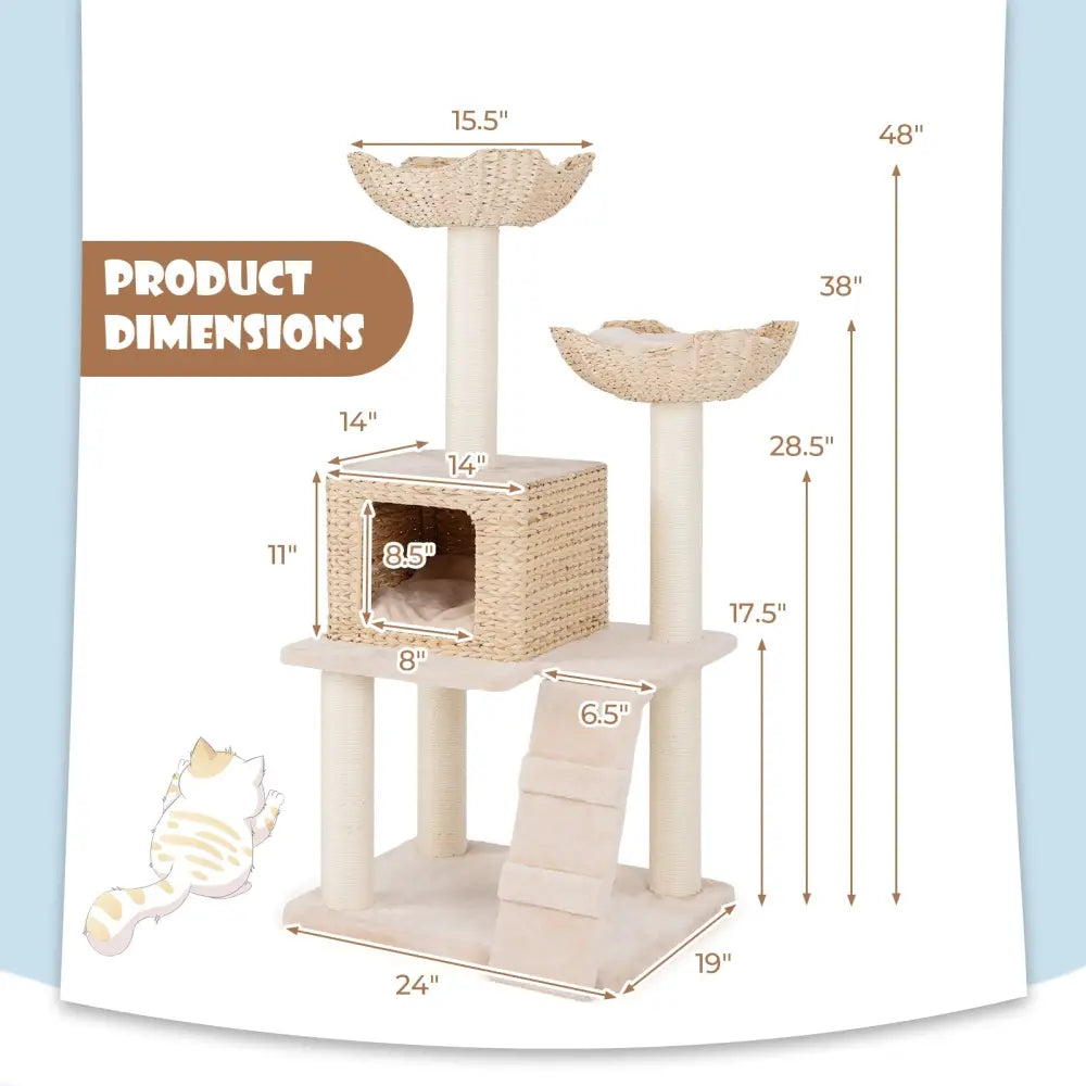 48 Inch Cattail Cat Tower with Sisal Scratching Posts Perch and Condo-Beige - Beige - Cat Trees Condos & Scratchers