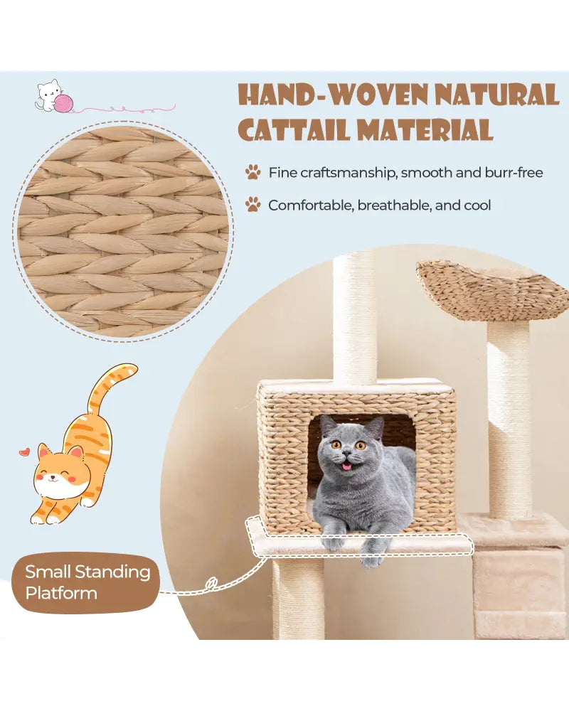 48 Inch Cattail Cat Tower with Sisal Scratching Posts Perch and Condo-Beige - Beige - Cat Trees Condos & Scratchers