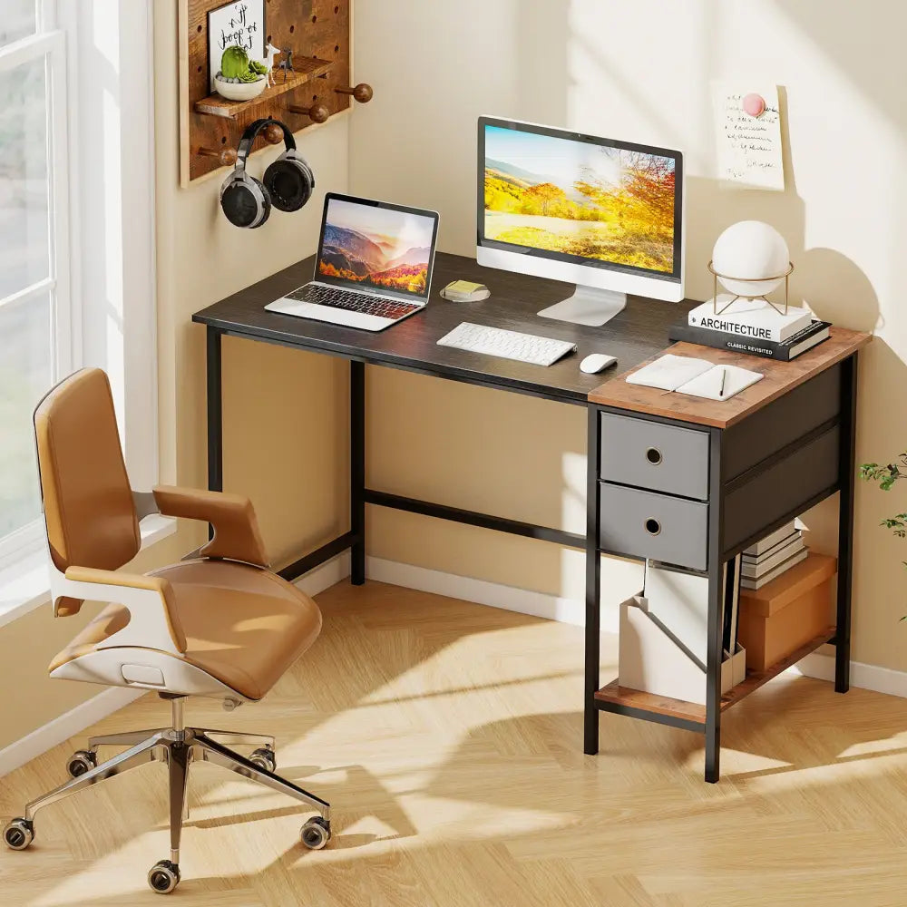 48 Inch Computer Desk with 2 Fabric Drawers Industrial Home Office Desk-Black - Black - Computer Desks