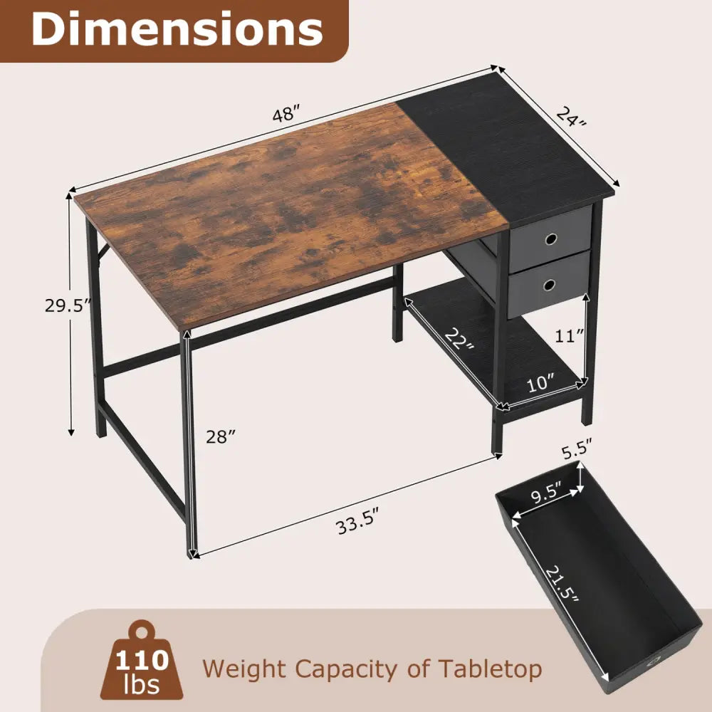 48 Inch Computer Desk with 2 Fabric Drawers Industrial Home Office Desk-Rustic Brown - Rustic Brown - Computer Desks