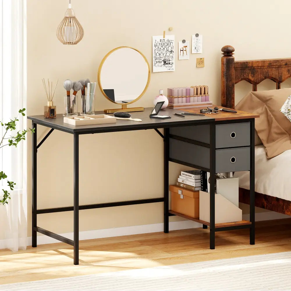 48 Inch Computer Desk with 2 Fabric Drawers Industrial Home Office Desk-Black - Black - Computer Desks