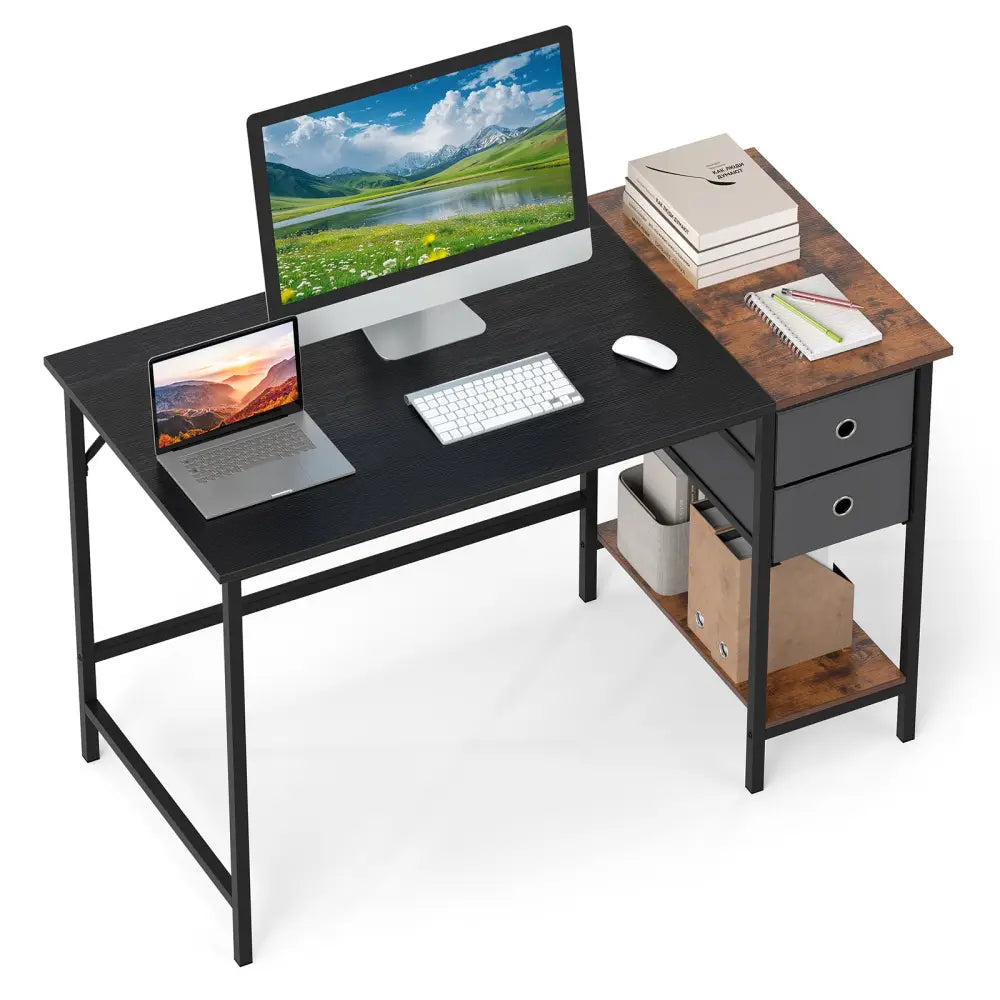 48 Inch Computer Desk with 2 Fabric Drawers Industrial Home Office Desk-Black - Black - Computer Desks