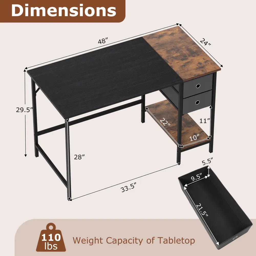 48 Inch Computer Desk with 2 Fabric Drawers Industrial Home Office Desk-Black - Black - Computer Desks