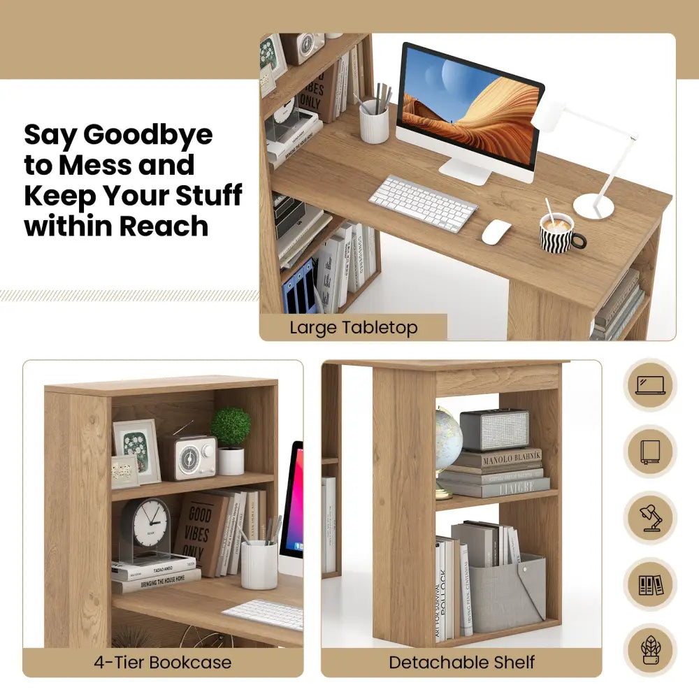 48 Inch Computer Desk with 4-Tier Bookcase and CPU Stand-Natural - Natural - Computer Desks