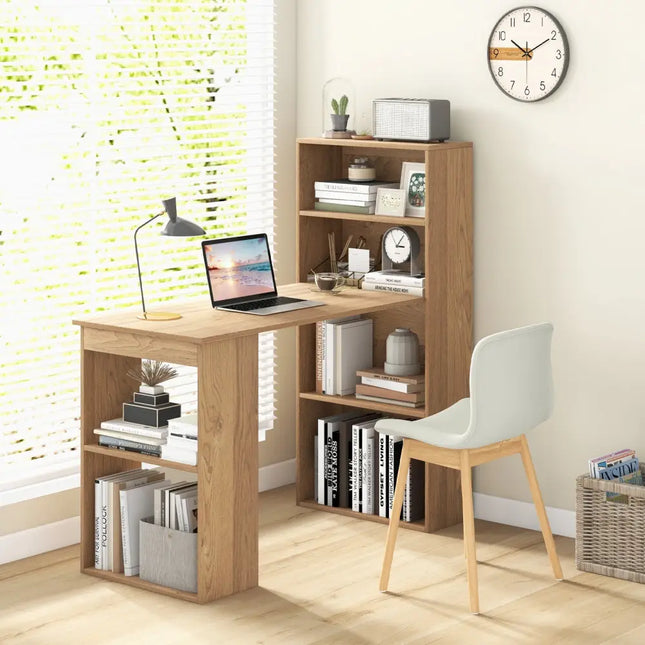 48 Inch Computer Desk with 4-Tier Bookcase and CPU Stand-Natural Costway