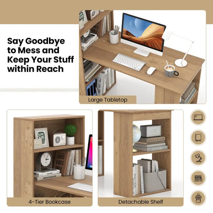 48 Inch Computer Desk with 4-Tier Bookcase and CPU Stand-Natural Costway