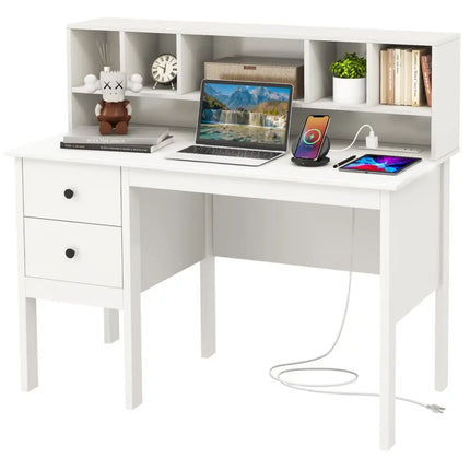 48 Inch Computer Desk with Drawers Power Outlets and 5-Cubby Hutch-White - White - Computer Desks