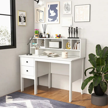 48 Inch Computer Desk with Drawers Power Outlets and 5-Cubby Hutch-White - White - Computer Desks