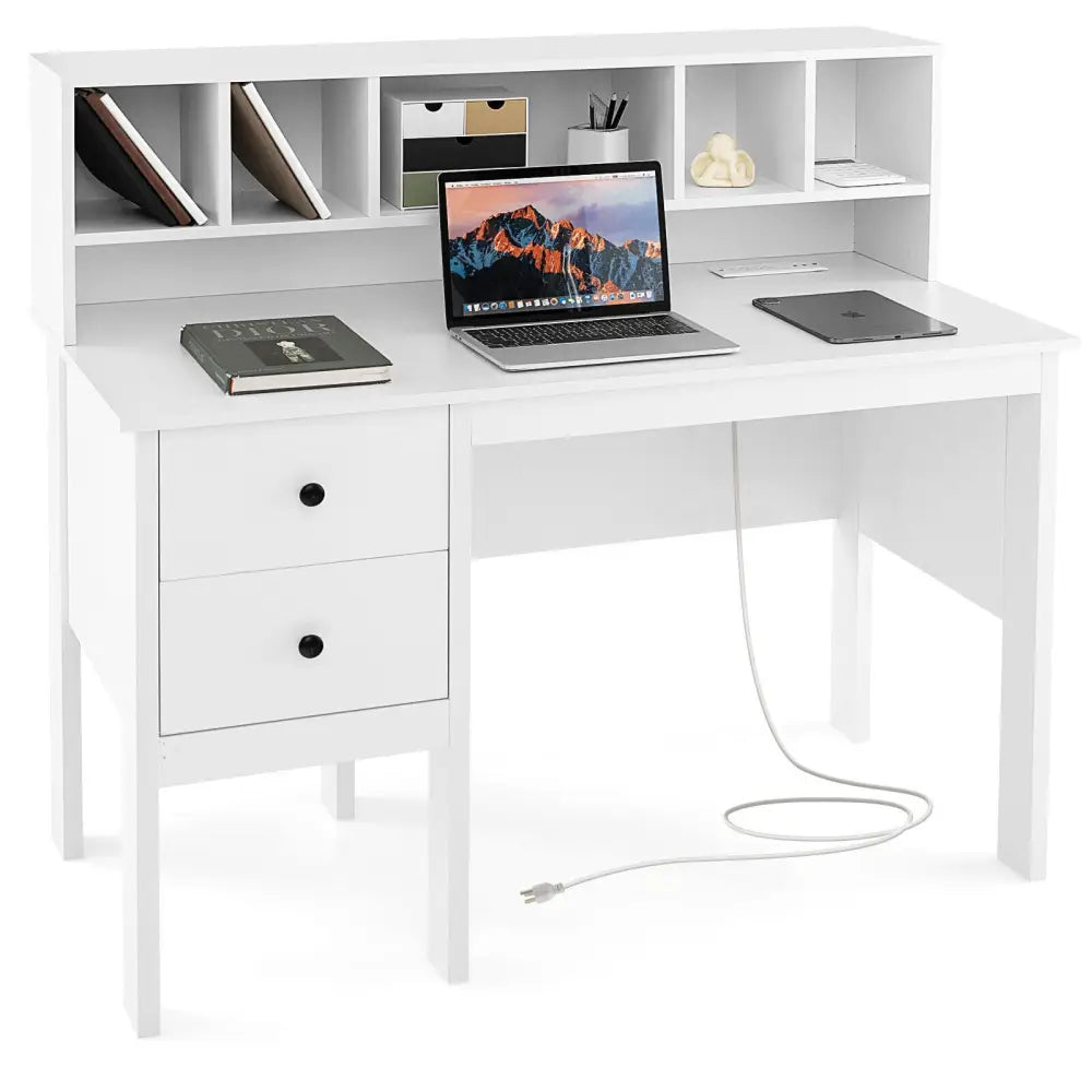 48 Inch Computer Desk with Drawers Power Outlets and 5-Cubby Hutch-White - White - Computer Desks