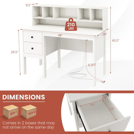 48 Inch Computer Desk with Drawers Power Outlets and 5-Cubby Hutch-White - White - Computer Desks