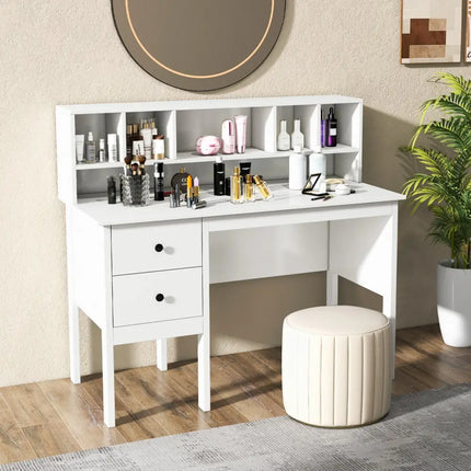 48 Inch Computer Desk with Drawers Power Outlets and 5-Cubby Hutch-White - White - Computer Desks
