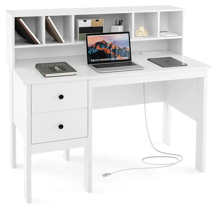 48 Inch Computer Desk with Drawers Power Outlets and 5-Cubby Hutch-White - White - Computer Desks