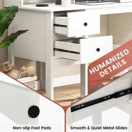 48 Inch Computer Desk with Drawers Power Outlets and 5-Cubby Hutch-White - White - Computer Desks
