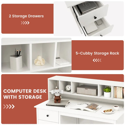 48 Inch Computer Desk with Drawers Power Outlets and 5-Cubby Hutch-White - White - Computer Desks