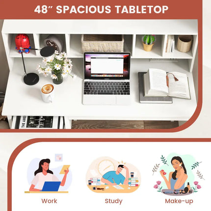 48 Inch Computer Desk with Drawers Power Outlets and 5-Cubby Hutch-White - White - Computer Desks