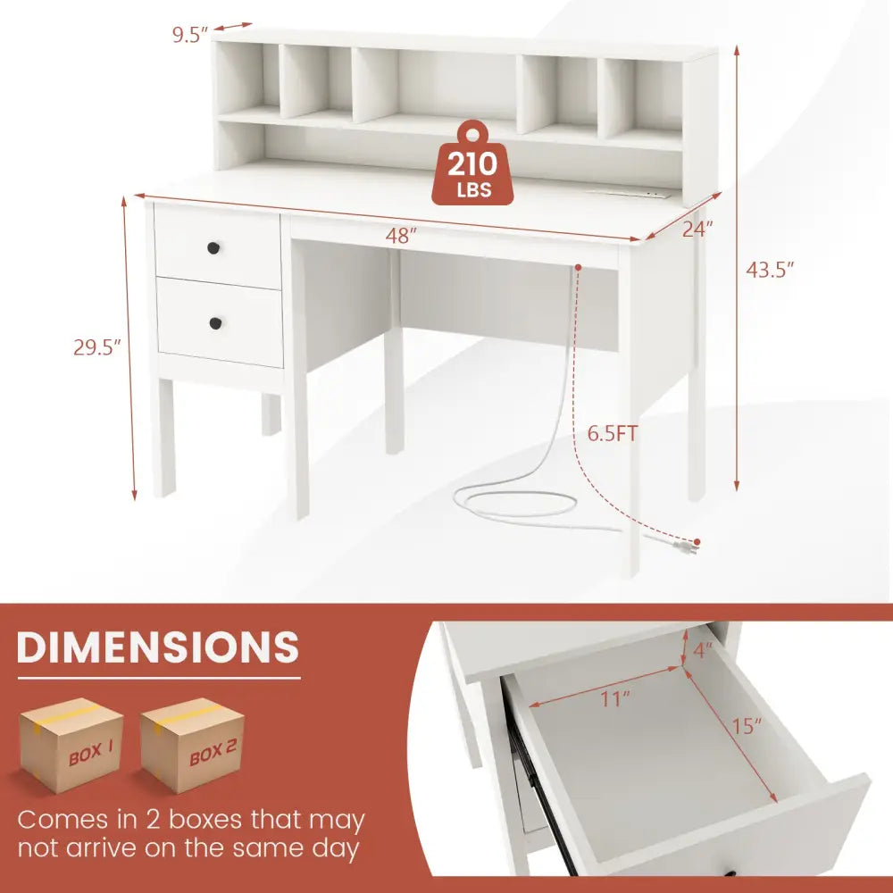 48 Inch Computer Desk with Drawers Power Outlets and 5-Cubby Hutch-White - White - Computer Desks