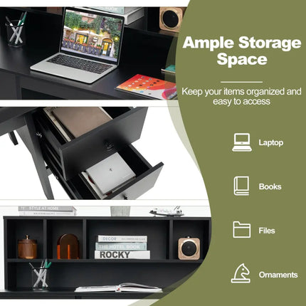 48 Inch Computer Desk with Drawers Power Outlets-Black Costway