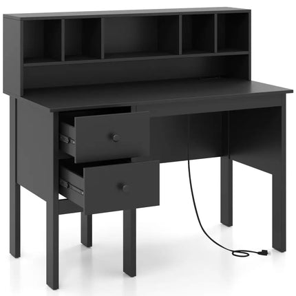 48 Inch Computer Desk with Drawers Power Outlets-Black Costway