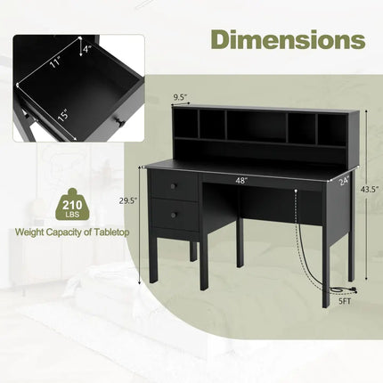 48 Inch Computer Desk with Drawers Power Outlets-Black Costway