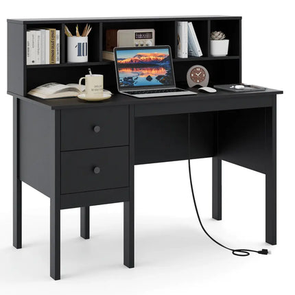 48 Inch Computer Desk with Drawers Power Outlets-Black Costway