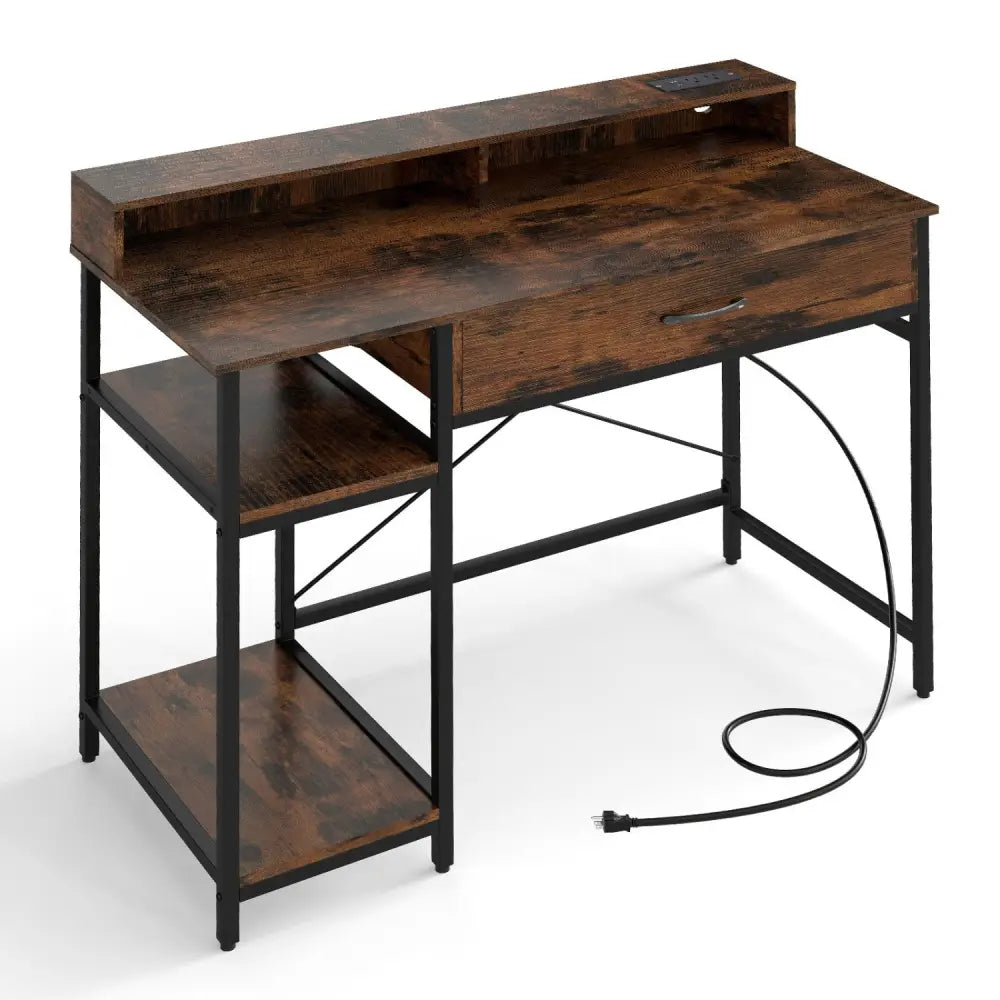 48 Inch Computer Desk with Monitor Stand Drawer and Shelves-Rustic Brown - Rustic Brown - Computer Desks