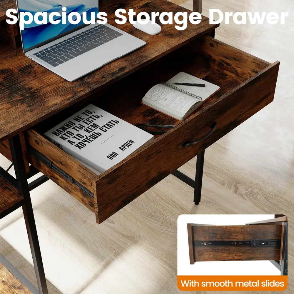 48 Inch Computer Desk with Monitor Stand Drawer and Shelves-Rustic Brown - Rustic Brown - Computer Desks