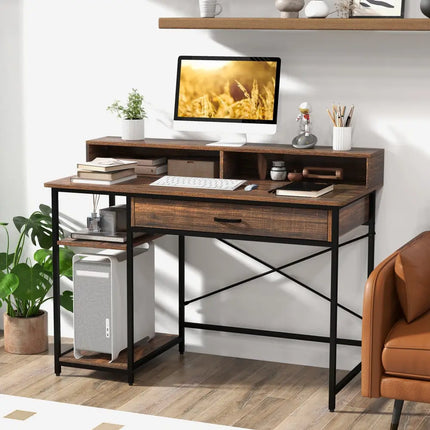 48 Inch Computer Desk with Monitor Stand Drawer and Shelves-Rustic Brown Costway