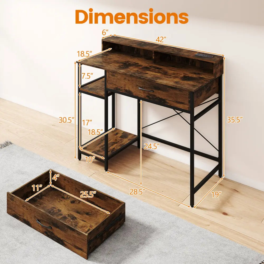 48 Inch Computer Desk with Monitor Stand Drawer and Shelves-Rustic Brown - Rustic Brown - Computer Desks