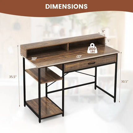 48 Inch Computer Desk with Monitor Stand Drawer and Shelves-Rustic Brown Costway