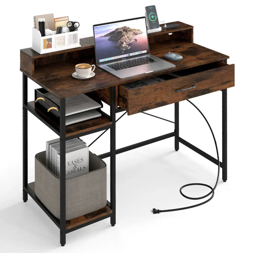 48 Inch Computer Desk with Monitor Stand Drawer and Shelves-Rustic Brown - Rustic Brown - Computer Desks