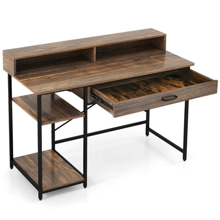 48 Inch Computer Desk with Monitor Stand Drawer and Shelves-Rustic Brown Costway
