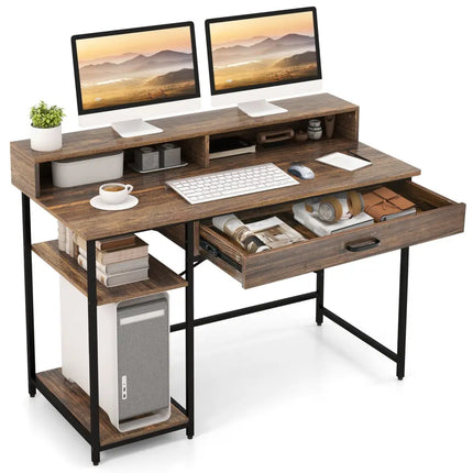 48 Inch Computer Desk with Monitor Stand Drawer and Shelves-Rustic Brown Costway