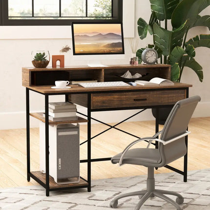 48 Inch Computer Desk with Monitor Stand Drawer and Shelves-Rustic Brown Costway