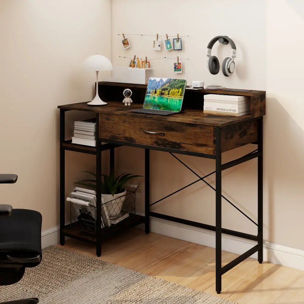 48 Inch Computer Desk with Monitor Stand Drawer and Shelves-Rustic Brown - Rustic Brown - Computer Desks