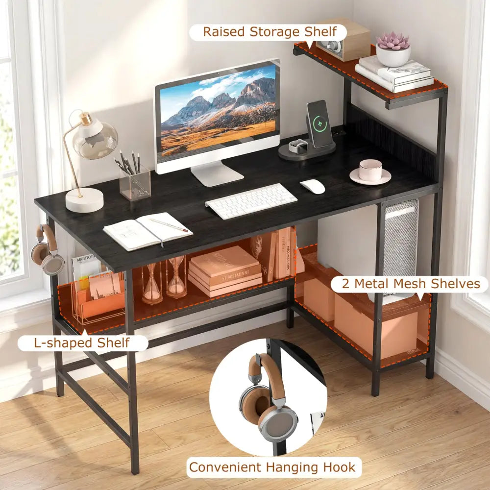 48 Inch Computer Desk with Power Outlets and Storage Shelves-Black - Black - Computer Desks