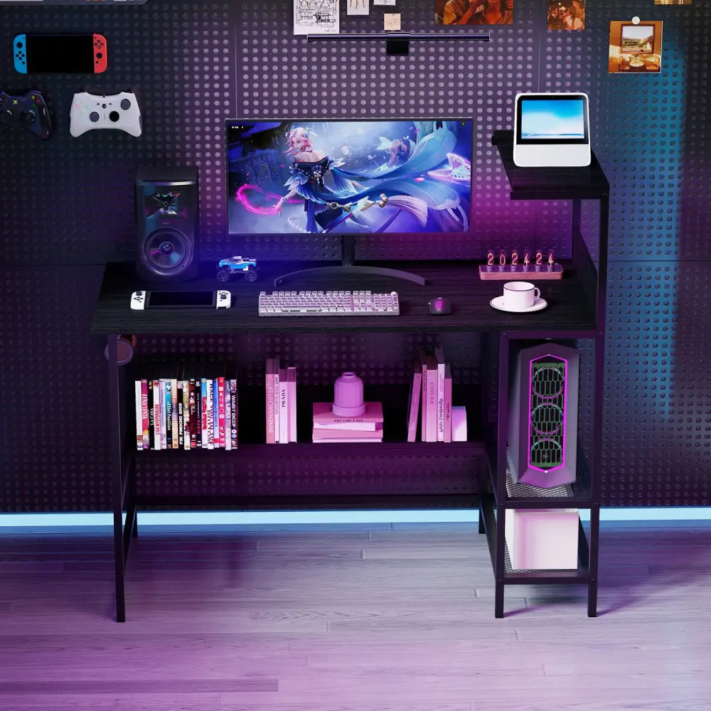 48 Inch Computer Desk with Power Outlets and Storage Shelves-Black - Black - Computer Desks
