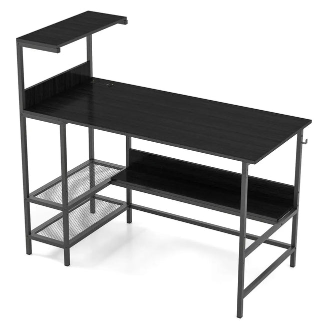 48 Inch Computer Desk with Power Outlets and Storage Shelves-Black Costway