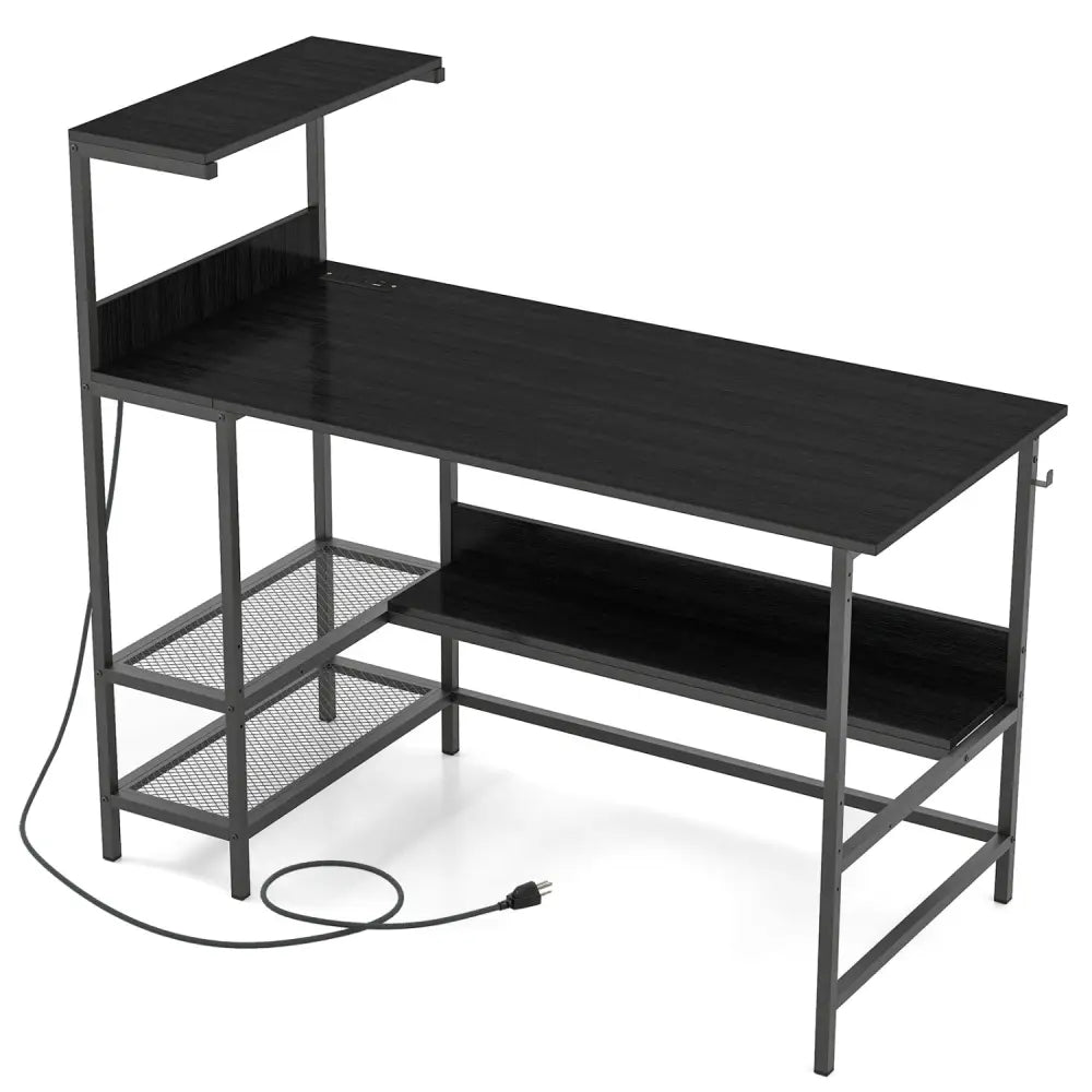 48 Inch Computer Desk with Power Outlets and Storage Shelves-Black - Black - Computer Desks