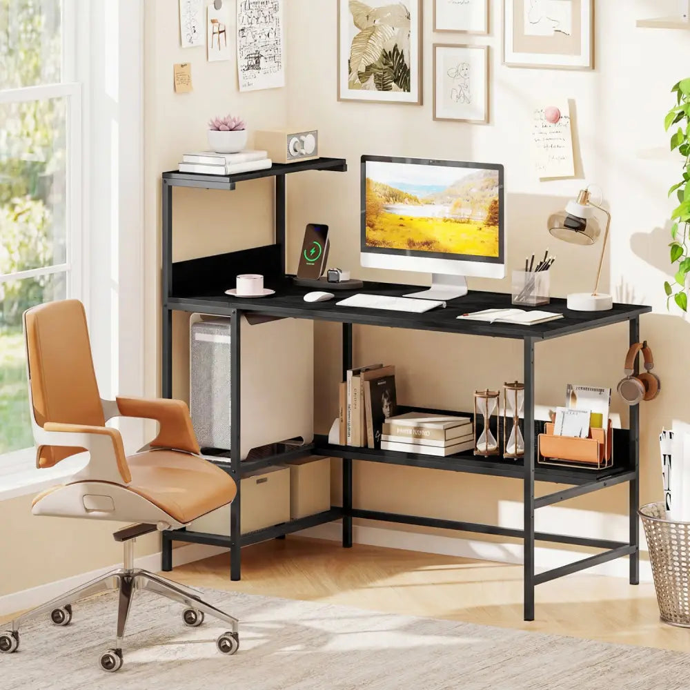 48 Inch Computer Desk with Power Outlets and Storage Shelves-Black - Black - Computer Desks