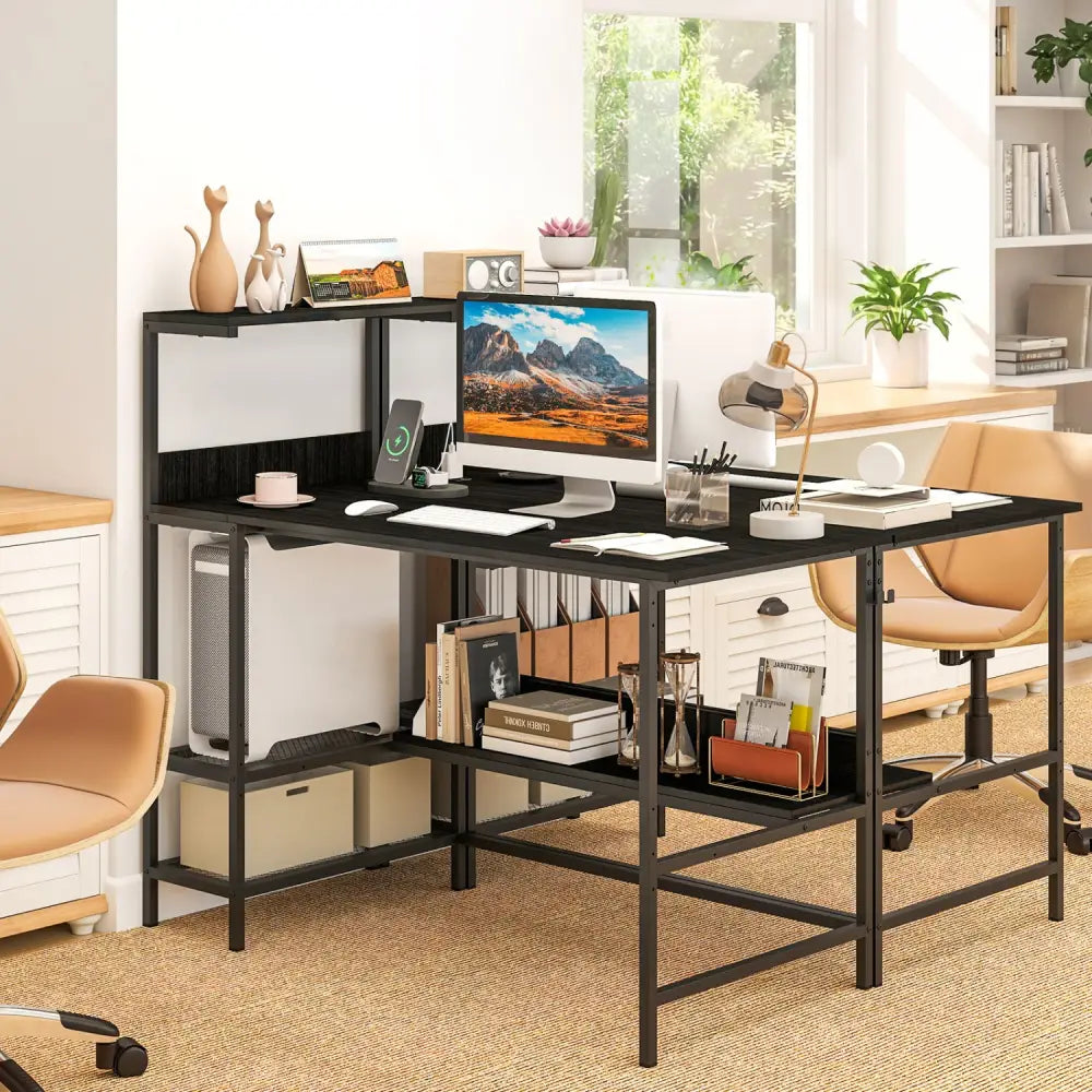48 Inch Computer Desk with Power Outlets and Storage Shelves-Black - Black - Computer Desks
