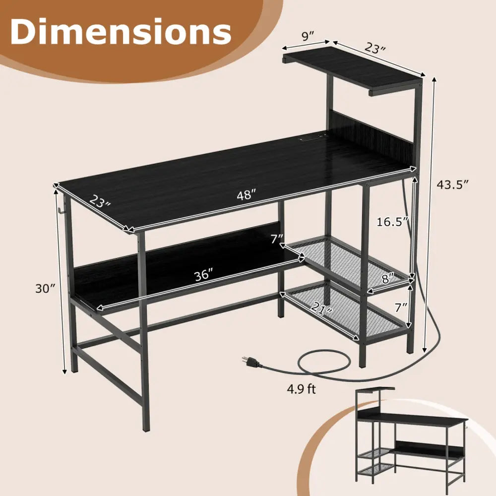48 Inch Computer Desk with Power Outlets and Storage Shelves-Black - Black - Computer Desks