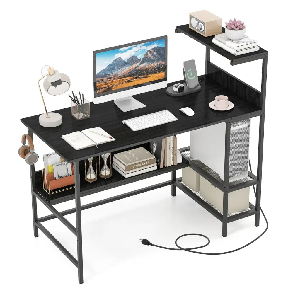 48 Inch Computer Desk with Power Outlets and Storage Shelves-Black - Black - Computer Desks